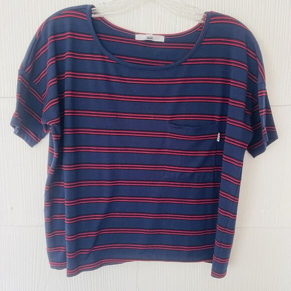 Vans 90s Crop Top Tee Womens S Blue Red Striped Retro Skater T- Shirt Grunge - Picture 1 of 5